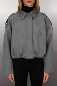 TRENDYOLMİLLA Anthracite Oversized Pattern Suede Bomber Jacket Thin Jacket Coat - Image 3