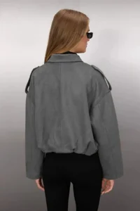 TRENDYOLMİLLA Anthracite Oversized Pattern Suede Bomber Jacket Thin Jacket Coat - Image 4