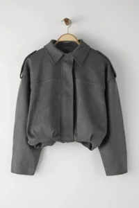 TRENDYOLMİLLA Anthracite Oversized Pattern Suede Bomber Jacket Thin Jacket Coat - Image 5