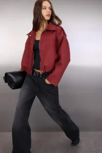 TRENDYOLMİLLA Burgundy Oversized Pattern Suede Bomber Jacket Thin Jacket Coat - Image 2