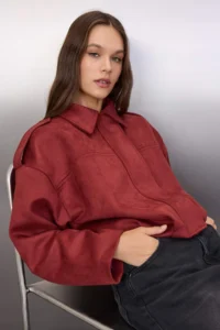 TRENDYOLMİLLA Burgundy Oversized Pattern Suede Bomber Jacket Thin Jacket Coat - Image 3