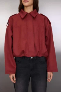TRENDYOLMİLLA Burgundy Oversized Pattern Suede Bomber Jacket Thin Jacket Coat - Image 4