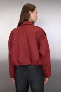 TRENDYOLMİLLA Burgundy Oversized Pattern Suede Bomber Jacket Thin Jacket Coat - Image 5