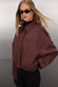 TRENDYOLMİLLA Dark Brown Oversized Pattern Suede Bomber Jacket Thin Jacket Coat