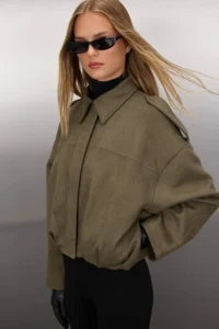 TRENDYOLMİLLA Khaki Oversized Pattern Suede Bomber Jacket Thin Jacket Coat