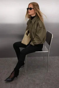 TRENDYOLMİLLA Khaki Oversized Pattern Suede Bomber Jacket Thin Jacket Coat - Image 2