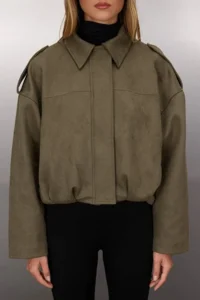TRENDYOLMİLLA Khaki Oversized Pattern Suede Bomber Jacket Thin Jacket Coat - Image 3