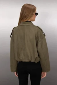 TRENDYOLMİLLA Khaki Oversized Pattern Suede Bomber Jacket Thin Jacket Coat - Image 4
