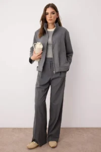 TRENDYOLMİLLA Anthracite Oversized Pattern Bowl Thin Jacket Coat - Image 2