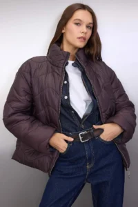 TRENDYOLMİLLA Brown Regular Pattern Quilted Coat - Image 2