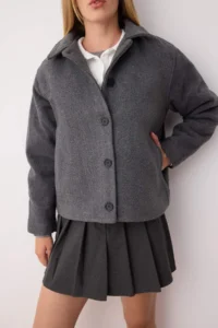 TRENDYOLMİLLA Anthracite Regular Pattern Bowl Thin Jacket Coat - Image 3