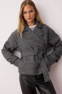 TRENDYOLMİLLA Dark Gray Plaid Patterned Regular Pattern Belted Bowl Thin Jacket Coat