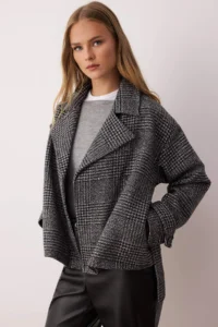 TRENDYOLMİLLA Dark Gray Plaid Patterned Regular Pattern Belted Bowl Thin Jacket Coat - Image 3
