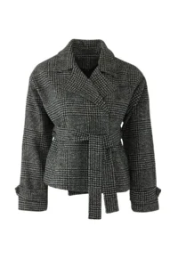TRENDYOLMİLLA Dark Gray Plaid Patterned Regular Pattern Belted Bowl Thin Jacket Coat - Image 6
