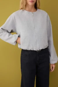 TRENDYOLMİLLA Gray Oversized Pattern Bowl Bomber Jacket Jacket Coat - Image 3