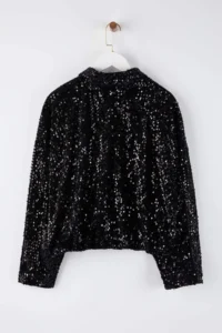 TRENDYOLMİLLA Black Regular Pattern Pul sequined Bomber Jacket Jacket Coat - Image 10