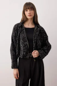 TRENDYOLMİLLA Black Regular Pattern Pul sequined Bomber Jacket Jacket Coat - Image 3