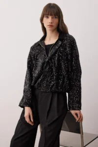 TRENDYOLMİLLA Black Regular Pattern Pul sequined Bomber Jacket Jacket Coat - Image 4