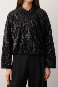 TRENDYOLMİLLA Black Regular Pattern Pul sequined Bomber Jacket Jacket Coat - Image 5