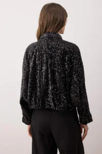 TRENDYOLMİLLA Black Regular Pattern Pul sequined Bomber Jacket Jacket Coat - Image 6