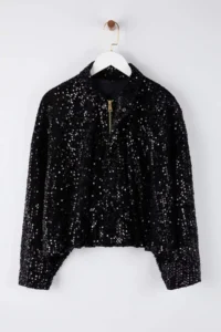 TRENDYOLMİLLA Black Regular Pattern Pul sequined Bomber Jacket Jacket Coat - Image 7