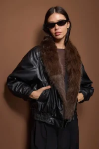TRENDYOLMİLLA Black Oversized Pattern Faux Fur Detailed Bomber Jacket Jacket Coat