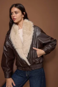 TRENDYOLMİLLA Brown Oversized Pattern Faux Fur Detailed Bomber Jacket Jacket Coat - Image 2