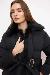 TRENDYOLMİLLA Black Regular Pattern Arched FURRY Coat - Image 2
