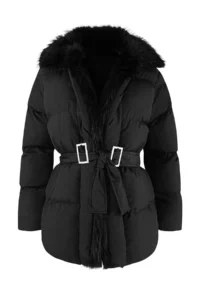 TRENDYOLMİLLA Black Regular Pattern Arched FURRY Coat - Image 5