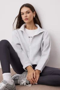 TRENDYOLMİLLA Snow Melange Zippered Stitching Detailed High Neck Bomber Jacket Knitting Cardigan/Sweatshirt - Image 2