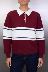 TRENDYOLMİLLA Burgundy Color Bloklu Polo Shirt Collar Oversized/Wide Pattern Knitting Sweatshirt - Image 3