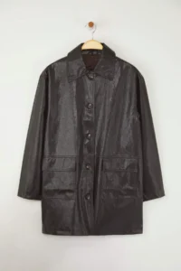 TRENDYOLMİLLA Wardrobe Essentials Dark Brown Faux Leather Oversized Midi Trench Coat - Image 6