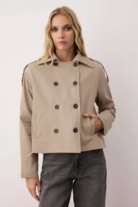 TRENDYOLMİLLA Beige Double breasted Oversized Short Trench Coat - Image 2