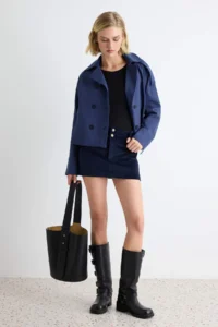 TRENDYOLMİLLA NAVY BLUE Double breasted Oversized Short Trench Coat - Image 3