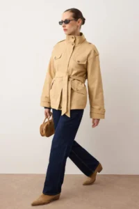 TRENDYOLMİLLA Beige High Neck Pocket Detail Mono Closure Oversized Midi Trench Coat - Image 2