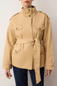 TRENDYOLMİLLA Beige High Neck Pocket Detail Mono Closure Oversized Midi Trench Coat - Image 3