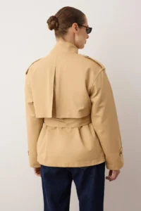 TRENDYOLMİLLA Beige High Neck Pocket Detail Mono Closure Oversized Midi Trench Coat - Image 4