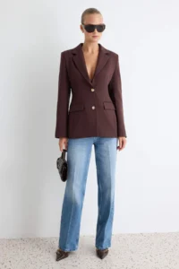 TRENDYOLMİLLA Brown Gold buttoned Fitted Blazer Jacket - Image 2