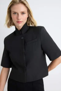 TRENDYOLMİLLA Black High Neck Short Sleeve Blazer Jacket - Image 2