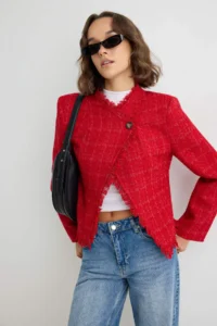 TRENDYOLMİLLA Red Tweed Blazer Jacket - Image 2