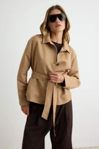 TRENDYOLMİLLA Beige Belted Rahat Pattern Blazer Jacket - Image 2