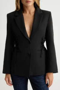 TRENDYOLMİLLA Black Side tied up Weaving Fitted Blazer Jacket - Image 3