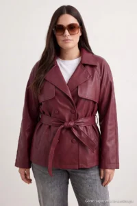 TRENDYOLMİLLA Burgundy Regular Belted Faux Leather Short Plus Size Trench Coat - Image 2