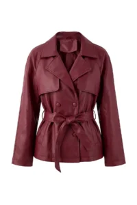 TRENDYOLMİLLA Burgundy Regular Belted Faux Leather Short Plus Size Trench Coat - Image 6