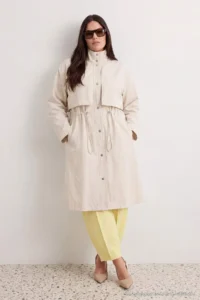 TRENDYOLMİLLA Beige High Neck Elastic Waist Mono Closure Oversized LONG Plus Size Trench Coat - Image 3