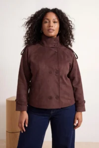 TRENDYOLMİLLA Brown Oversized High Neck Suede Plus Size Short Trench Coat - Image 2