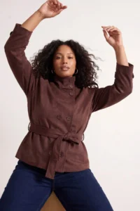 TRENDYOLMİLLA Brown Oversized High Neck Suede Plus Size Short Trench Coat - Image 4