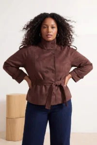 TRENDYOLMİLLA Brown Oversized High Neck Suede Plus Size Short Trench Coat - Image 5