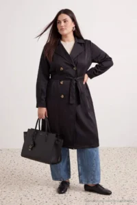 TRENDYOLMİLLA Black tied up Double breasted Kapama Plus Size LONG Trench Coat - Image 4
