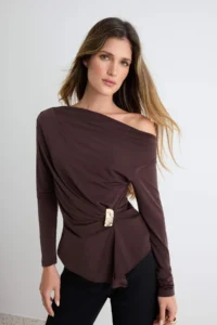 TRENDYOLMİLLA Brown Plain Fitted Off-Shoulder Neck Accessory Detailed Sandy Knitting Blouse - Image 2